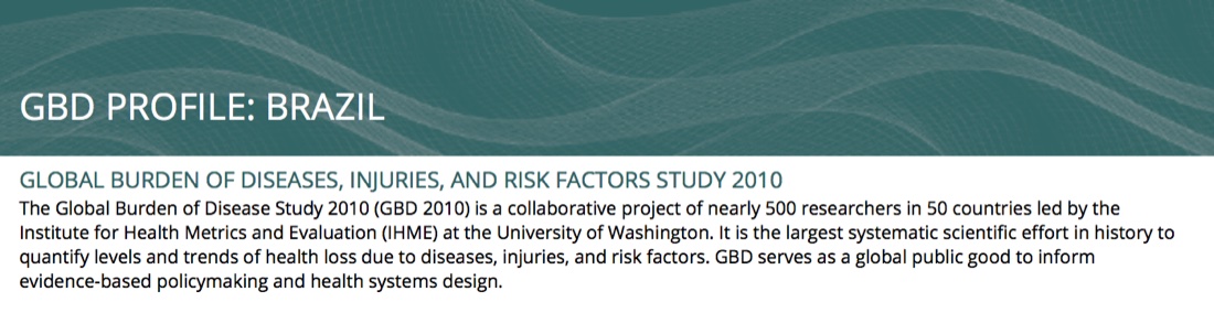O Global Burden Disease é um projeto colaborativo de quase 500 pesquisadores de 50 países liderados pelo Instituto para Medidas e Avaliação de Saúde da Universidade de Washington.